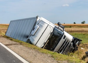 truck lying in ditch on side