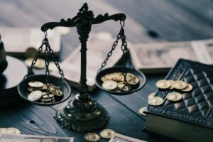 coins in the scales of justice