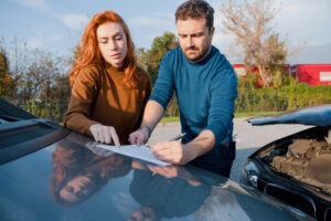 man and woman exchanging information after a crash