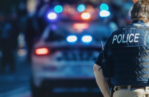 policeman with police car in the background