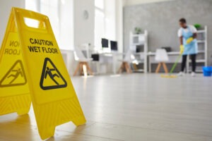 caution sign for janitor cleaning floor